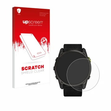 Face avant d’un emballage produit avec le logo de la marque upscreen. À côté, l’appareil Garmin Enduro 3 est représenté avec l