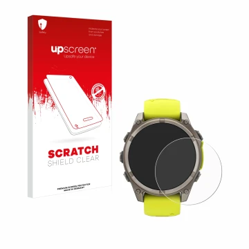 Face avant d’un emballage produit avec le logo de la marque upscreen. À côté, l’appareil Garmin Fenix 8 Solar (47 mm) est repr