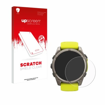 Face avant d’un emballage produit avec le logo de la marque upscreen. À côté, l’appareil Garmin Fenix 8 Solar (51 mm) est repr