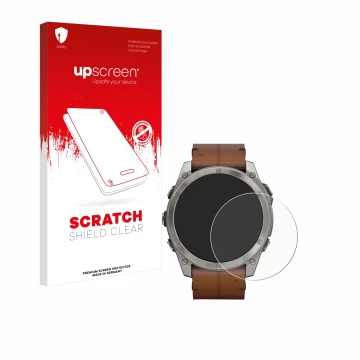 Face avant d’un emballage produit avec le logo de la marque upscreen. À côté, l’appareil Garmin Fenix 8 AMOLED (51 mm) est rep