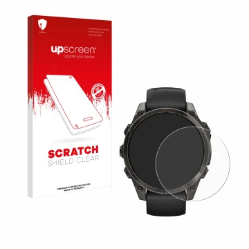 Face avant d’un emballage produit avec le logo de la marque upscreen. À côté, l’appareil Garmin Fenix 8 AMOLED (47 mm) est rep