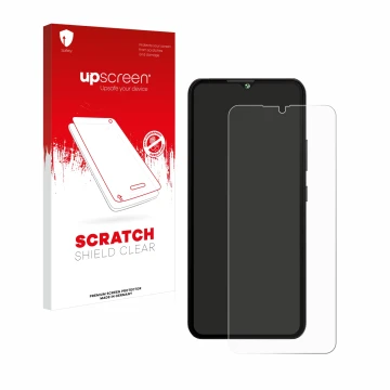 Face avant d’un emballage produit avec le logo de la marque upscreen. À côté, l’appareil Cubot A10 est représenté avec la prot