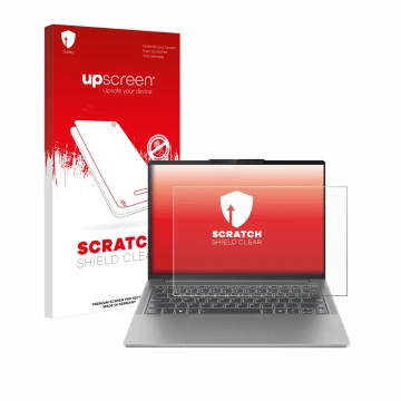 Face avant d’un emballage produit avec le logo de la marque upscreen. À côté, l’appareil Lenovo IdeaPad Pro 5 14AHP9 est repré