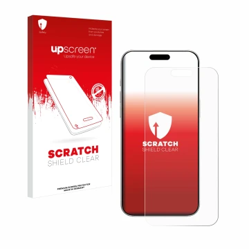 Face avant d’un emballage produit avec le logo de la marque upscreen. À côté, l’appareil Apple iPhone 16 Pro est représenté av