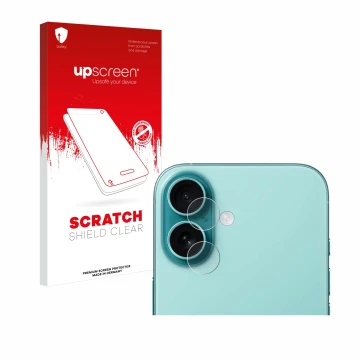 Face avant d’un emballage produit avec le logo de la marque upscreen. À côté, l’appareil Apple iPhone 16 Plus (Caméra UNIQUEME