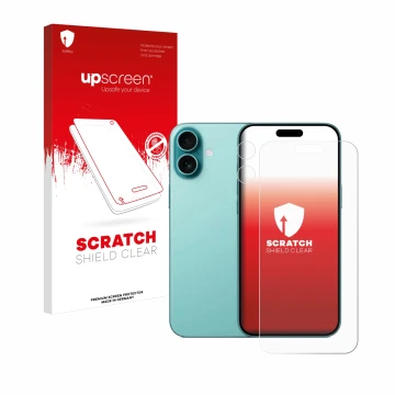 Face avant d’un emballage produit avec le logo de la marque upscreen. À côté, l’appareil Apple iPhone 16 Plus (Avant+Caméra) e