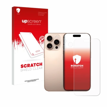 Face avant d’un emballage produit avec le logo de la marque upscreen. À côté, l’appareil Apple iPhone 16 Pro Max (Avant+Caméra