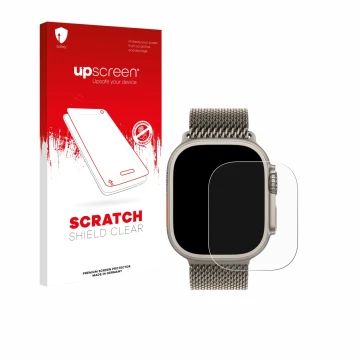 Face avant d’un emballage produit avec le logo de la marque upscreen. À côté, l’appareil Apple Watch Ultra 3 est représenté av