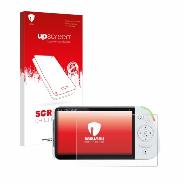 Face avant d’un emballage produit avec le logo de la marque upscreen. À côté, l’appareil Babysense MaxView-2CAM 5,5