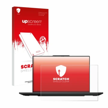 Face avant d’un emballage produit avec le logo de la marque upscreen. À côté, l’appareil Lenovo ThinkPad P1 Gen 7 16