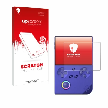 Face avant d’un emballage produit avec le logo de la marque upscreen. À côté, l’appareil Anbernic RG40XXV est représenté avec 