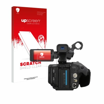 Face avant d’un emballage produit avec le logo de la marque upscreen. À côté, l’appareil Sony PXW-Z200 est représenté avec la 