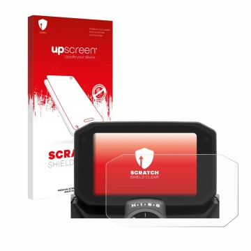 Face avant d’un emballage produit avec le logo de la marque upscreen. À côté, l’appareil Honda Hornet CB 750 2024 est représen
