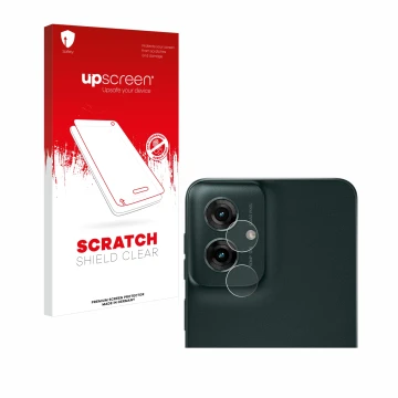 Face avant d’un emballage produit avec le logo de la marque upscreen. À côté, l’appareil Motorola Moto G55 (Caméra UNIQUEMENT)