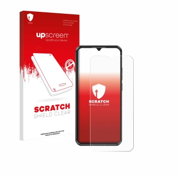 Face avant d’un emballage produit avec le logo de la marque upscreen. À côté, l’appareil Oukitel WP50 est représenté avec la p