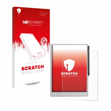 Face avant d’un emballage produit avec le logo de la marque upscreen. À côté, l’appareil reMarkable Paper Pro est représenté a