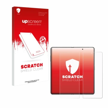 Face avant d’un emballage produit avec le logo de la marque upscreen. À côté, l’appareil Honor Magic V3 (inneres Display) est 