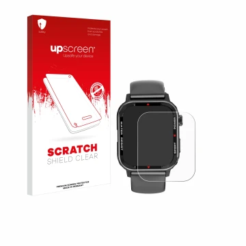 Face avant d’un emballage produit avec le logo de la marque upscreen. À côté, l’appareil Manike G96 Smartwatch est représenté 