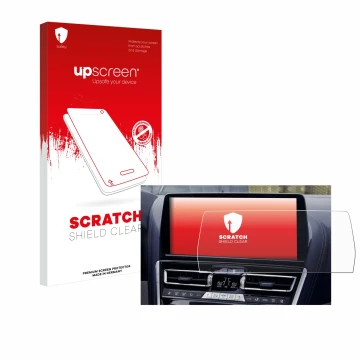 Face avant d’un emballage produit avec le logo de la marque upscreen. À côté, l’appareil BMW facelift 8 series BJ 2022-2025 es