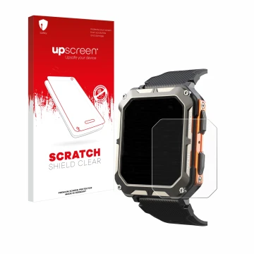 Face avant d’un emballage produit avec le logo de la marque upscreen. À côté, l’appareil Findtime Smartwatch 1.83