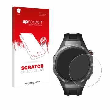 Face avant d’un emballage produit avec le logo de la marque upscreen. À côté, l’appareil Huawei Watch GT 5 Pro (46 mm) est rep