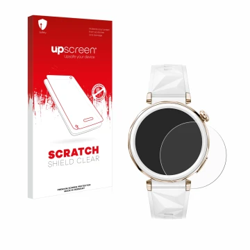 Face avant d’un emballage produit avec le logo de la marque upscreen. À côté, l’appareil Huawei Watch GT 5 Pro (42 mm) est rep