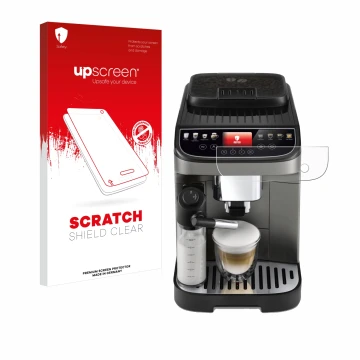 Face avant d’un emballage produit avec le logo de la marque upscreen. À côté, l’appareil DeLonghi Magnifica Evo Next est repré