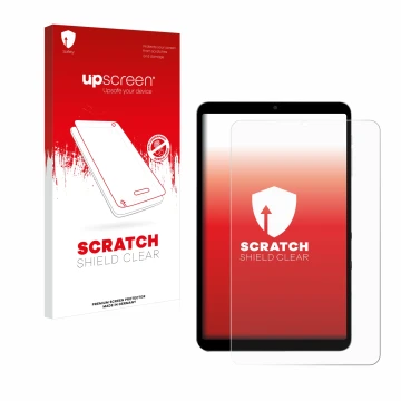 Face avant d’un emballage produit avec le logo de la marque upscreen. À côté, l’appareil Alldocube iPlay 60 mini Turbo est rep