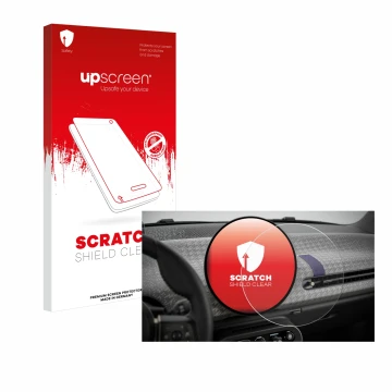 Face avant d’un emballage produit avec le logo de la marque upscreen. À côté, l’appareil Mini Cooper Electric BJ 2024 est repr