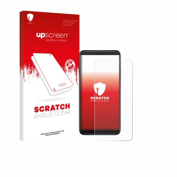Face avant d’un emballage produit avec le logo de la marque upscreen. À côté, l’appareil TCL 403 est représenté avec la protec