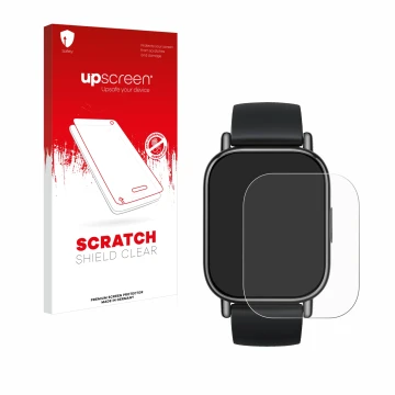 Face avant d’un emballage produit avec le logo de la marque upscreen. À côté, l’appareil Xiaomi Redmi Watch 5 Lite est représe