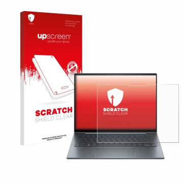 Face avant d’un emballage produit avec le logo de la marque upscreen. À côté, l’appareil HP Dragonfly 13.5
