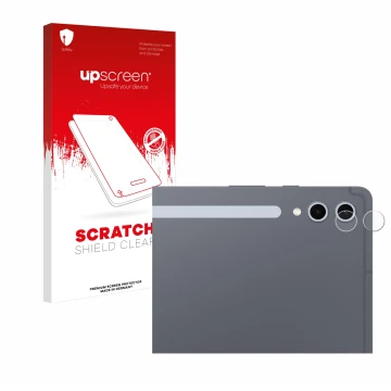 Face avant d’un emballage produit avec le logo de la marque upscreen. À côté, l’appareil Samsung Galaxy Tab S10 Plus 5G (Camér