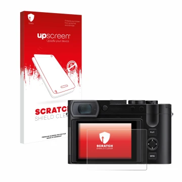 Face avant d’un emballage produit avec le logo de la marque upscreen. À côté, l’appareil Leica Q3 43 est représenté avec la pr