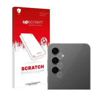 Face avant d’un emballage produit avec le logo de la marque upscreen. À côté, l’appareil Samsung Galaxy S24 FE (Caméra UNIQUEM