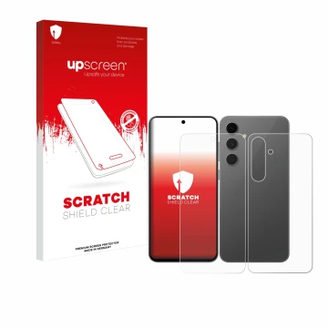 Face avant d’un emballage produit avec le logo de la marque upscreen. À côté, l’appareil Samsung Galaxy S24 FE (Avant+Arrière)