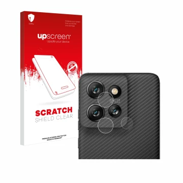 Face avant d’un emballage produit avec le logo de la marque upscreen. À côté, l’appareil Motorola ThinkPhone 25 (Caméra UNIQUE
