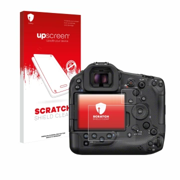 Face avant d’un emballage produit avec le logo de la marque upscreen. À côté, l’appareil Canon EOS R1 est représenté avec la p