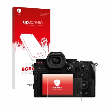 Face avant d’un emballage produit avec le logo de la marque upscreen. À côté, l’appareil Panasonic Lumix DC-S5D est représenté