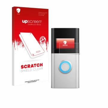 Face avant d’un emballage produit avec le logo de la marque upscreen. À côté, l’appareil Ring Video Doorbell 3 Plus est représ