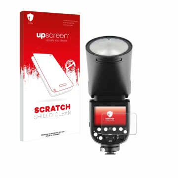 Face avant d’un emballage produit avec le logo de la marque upscreen. À côté, l’appareil Godox TT685 II est représenté avec la