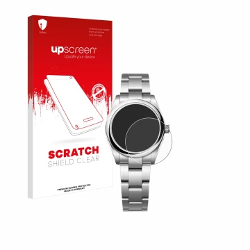 Face avant d’un emballage produit avec le logo de la marque upscreen. À côté, l’appareil Rolex Oyster Perpetual 31 est représe