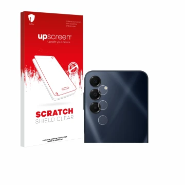 Face avant d’un emballage produit avec le logo de la marque upscreen. À côté, l’appareil Samsung Galaxy A16 5G (Caméra UNIQUEM
