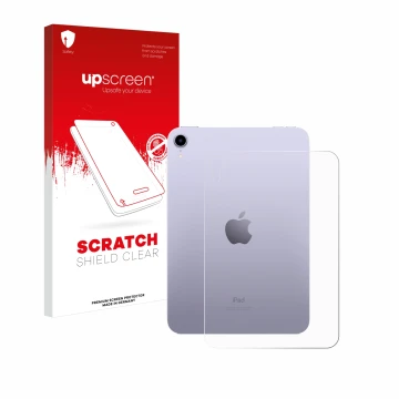 Face avant d’un emballage produit avec le logo de la marque upscreen. À côté, l’appareil Apple iPad Mini 7 WiFi 2024 (Arrière)