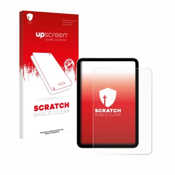 Face avant d’un emballage produit avec le logo de la marque upscreen. À côté, l’appareil Apple iPad Mini 7 2024 est représenté