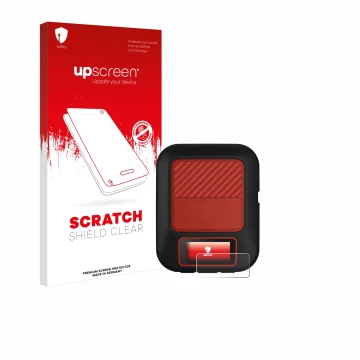 Face avant d’un emballage produit avec le logo de la marque upscreen. À côté, l’appareil Garmin inReach Messenger Plus est rep