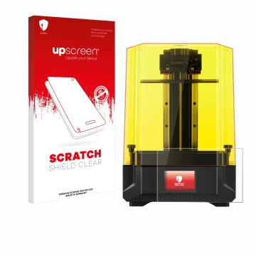 Face avant d’un emballage produit avec le logo de la marque upscreen. À côté, l’appareil Anycubic Photon Mono X2 9,1