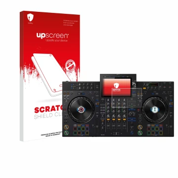 Face avant d’un emballage produit avec le logo de la marque upscreen. À côté, l’appareil AlphaTheta XDJ-AZ est représenté avec