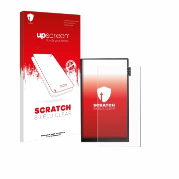 Face avant d’un emballage produit avec le logo de la marque upscreen. À côté, l’appareil iBasso DX180 est représenté avec la p
