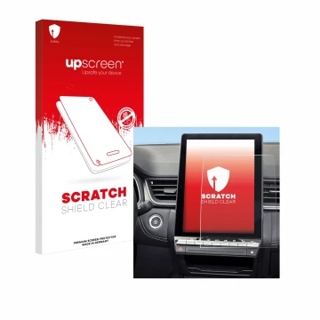 Face avant d’un emballage produit avec le logo de la marque upscreen. À côté, l’appareil Renault Symbioz 2024 est représenté a